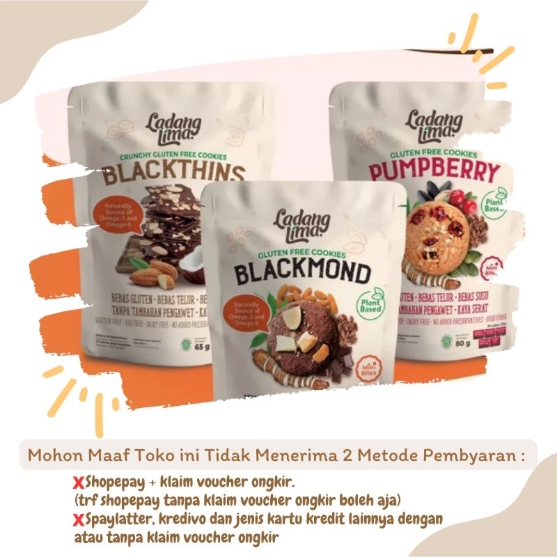 

Snack Sehat Cookies Gluten Free Vegan Ladang Lima - Kemasan 80gr Mini Bites - Blackmond, Pumpberry, Dan Blackthins