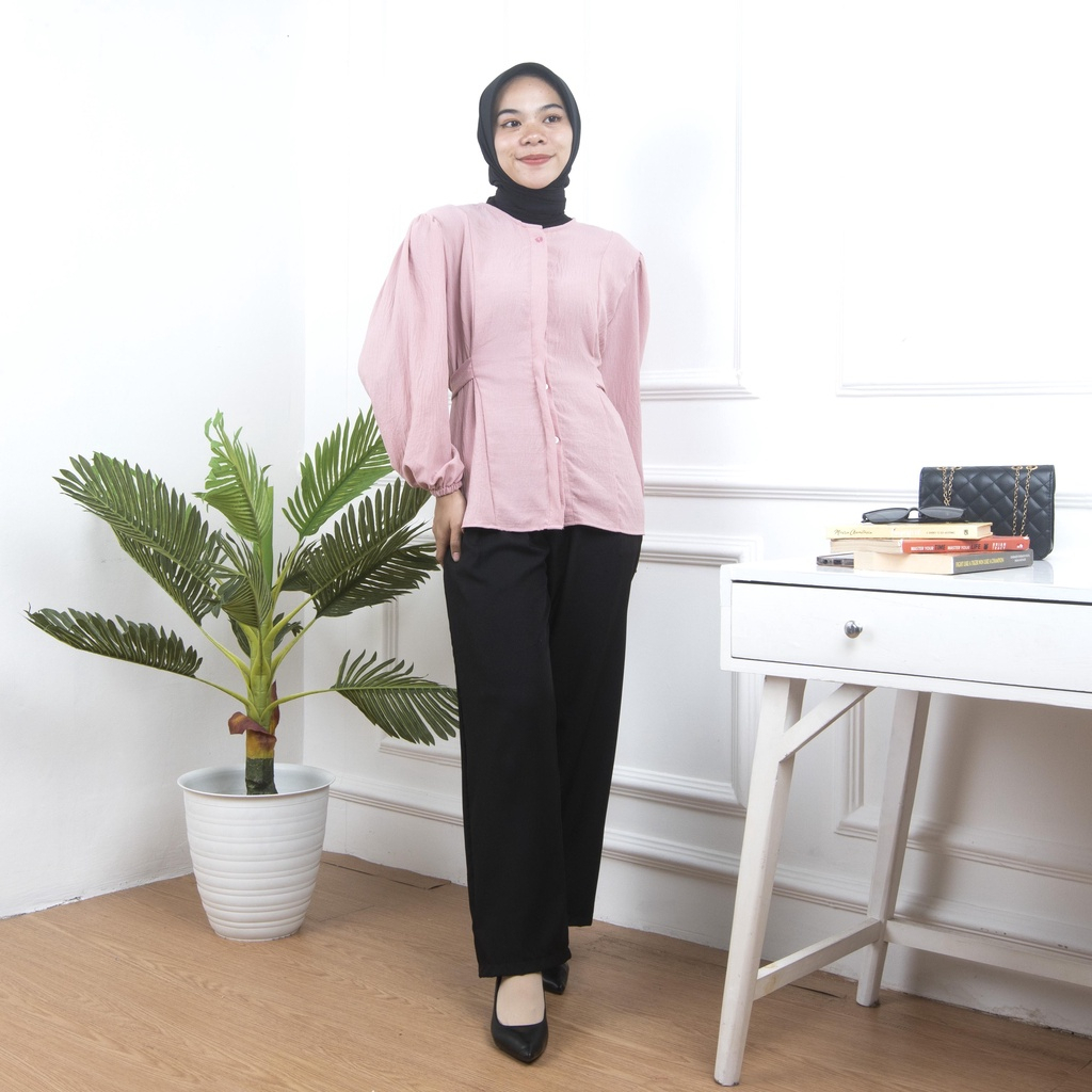 Blouse Kemeja Wenna / Atasan Wanita Crincle Airflow Lengan Balon Full Kancing