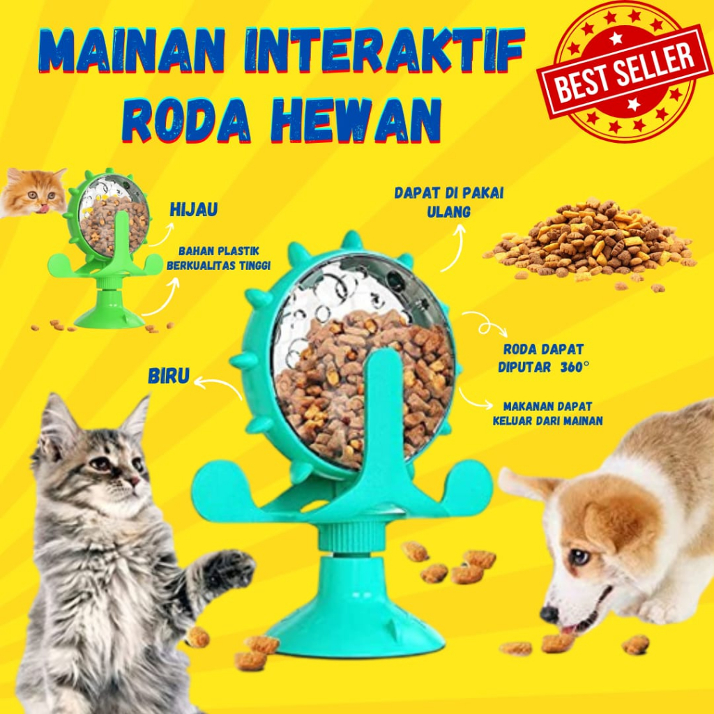 Mainan Interaktif Bentuk Roda Putar Pet Feeder Mainan Kucing dan Anjing Bisa Diisi Snack Mainan Tempat Makan Hewan