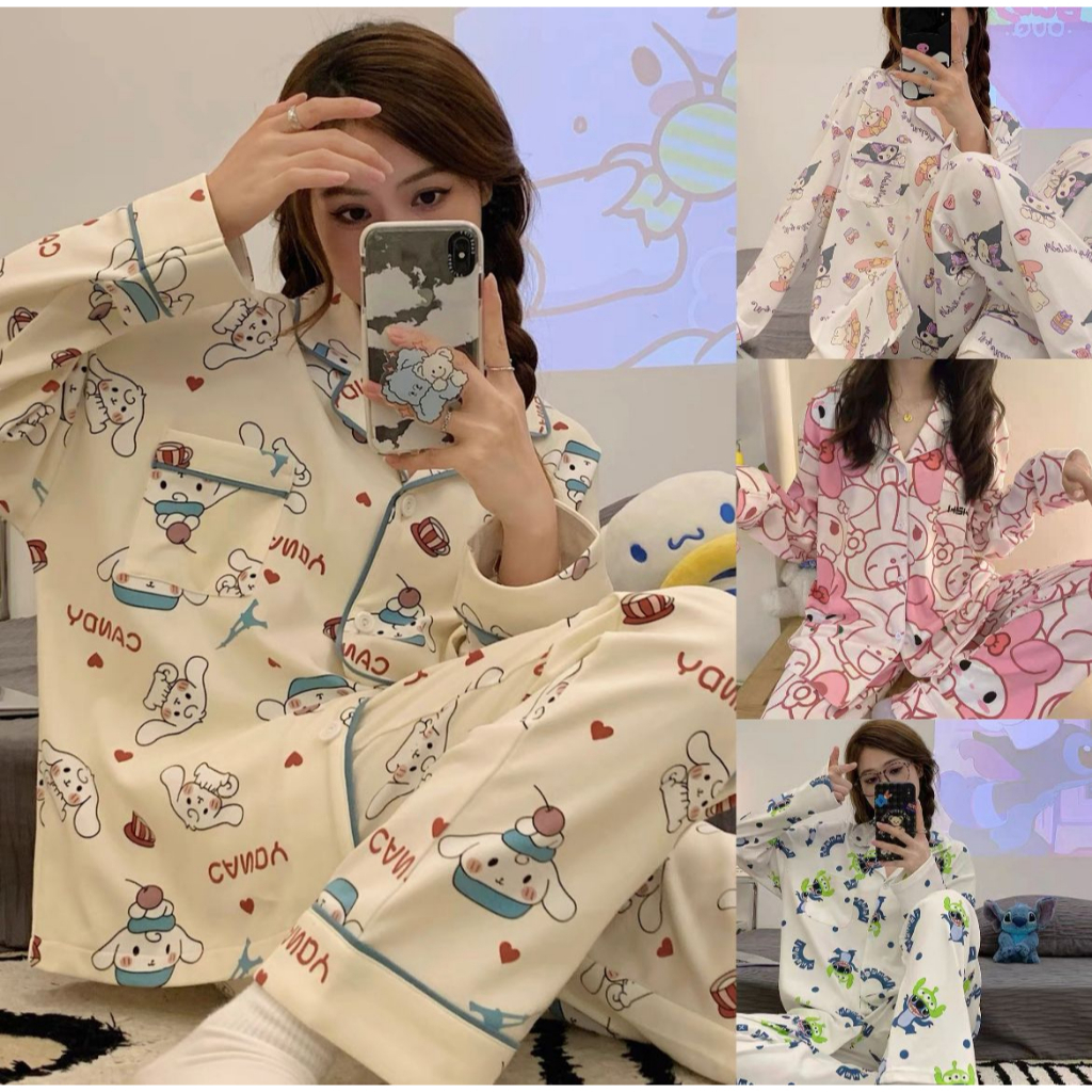 BAJU TIDUR PIYAMA CINNAMOROLL KUROMI MELODY STITCH HELLO KITTY LOTSO ALIEN TOY STORY BAJU LENGAN PANJANG CELANA PANJANG