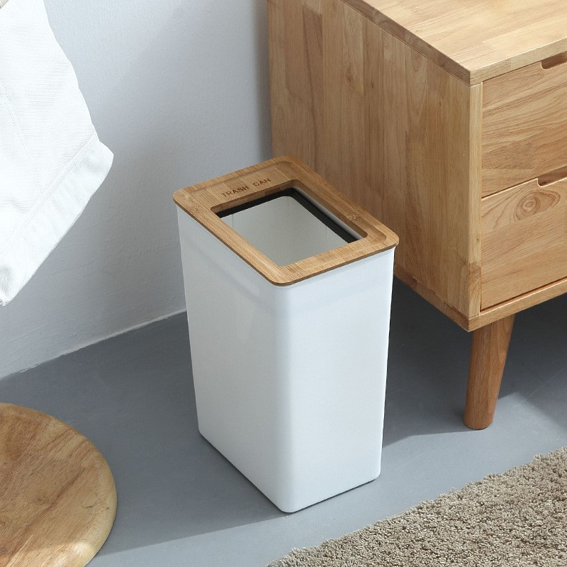 2pcs Tempat Sampah Putih Minimalis dengan Tutup Kayu Trash Bin - Tempat Sampah Aesthetic Estetik White Wooden