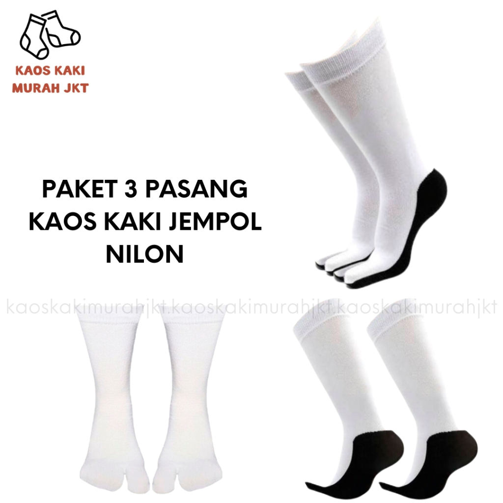 3 Pasang Kaos Kaki Jempol Polos Warna Putih Telapak Hitam Nilon Ukuran L