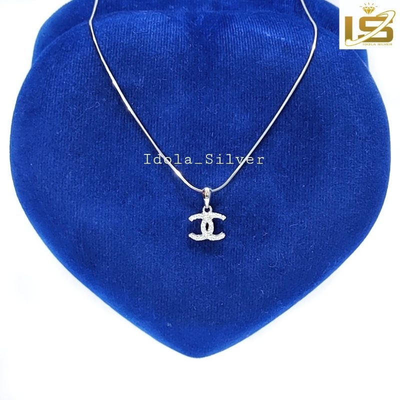 KALUNG PERAK ASLI SILVER WANITA 925 LAPIS EMAS PUTIH MODEL LIONTIN CANEL PERMATA KECIL - PERHIASAN PERAK WANITA ASLI