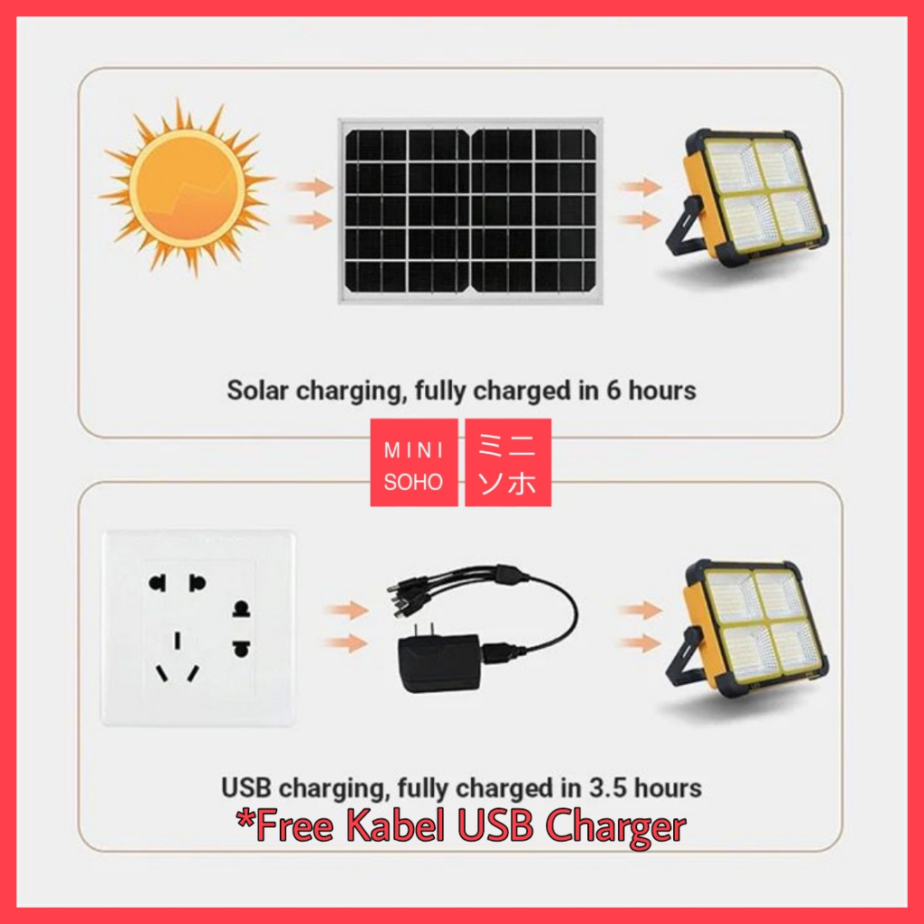 Lampu Sorot 1000W Tenaga Surya / Solar Powered Gantung Camping Tenda Floodlight Matahari Panel Cell IP66 Outdoor Portable