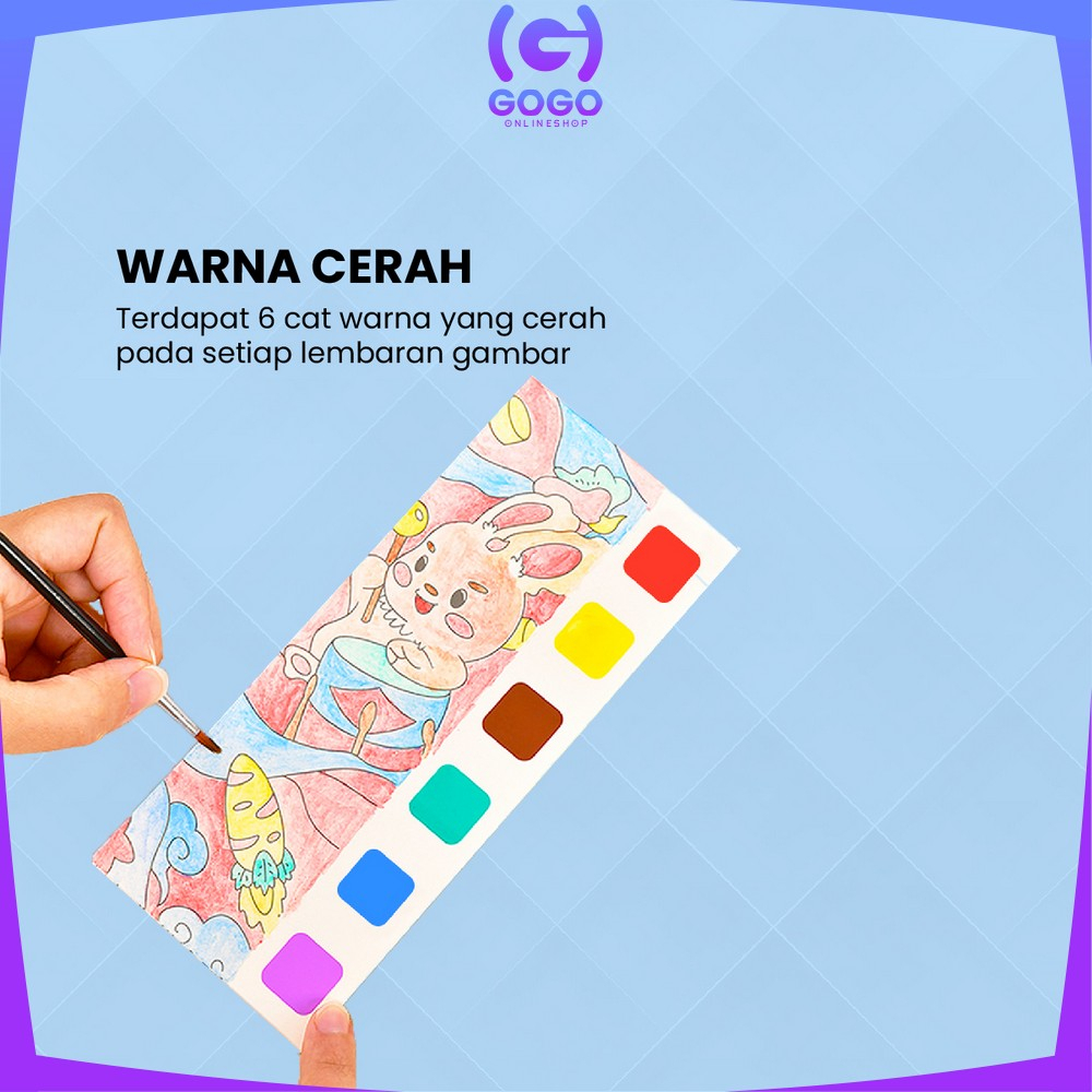 GOGO-A56 Buku Gambar Mewarnai Buku Lukis Cat Air Set Free Kuas / Buku Mewarnai Watercolor Book Coloring Edukasi Anak