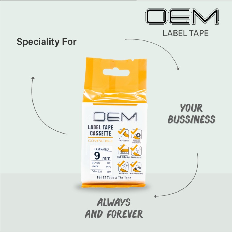 

OZe-221 OEM LABEL TAPE 9mm Black On White for Ptouch