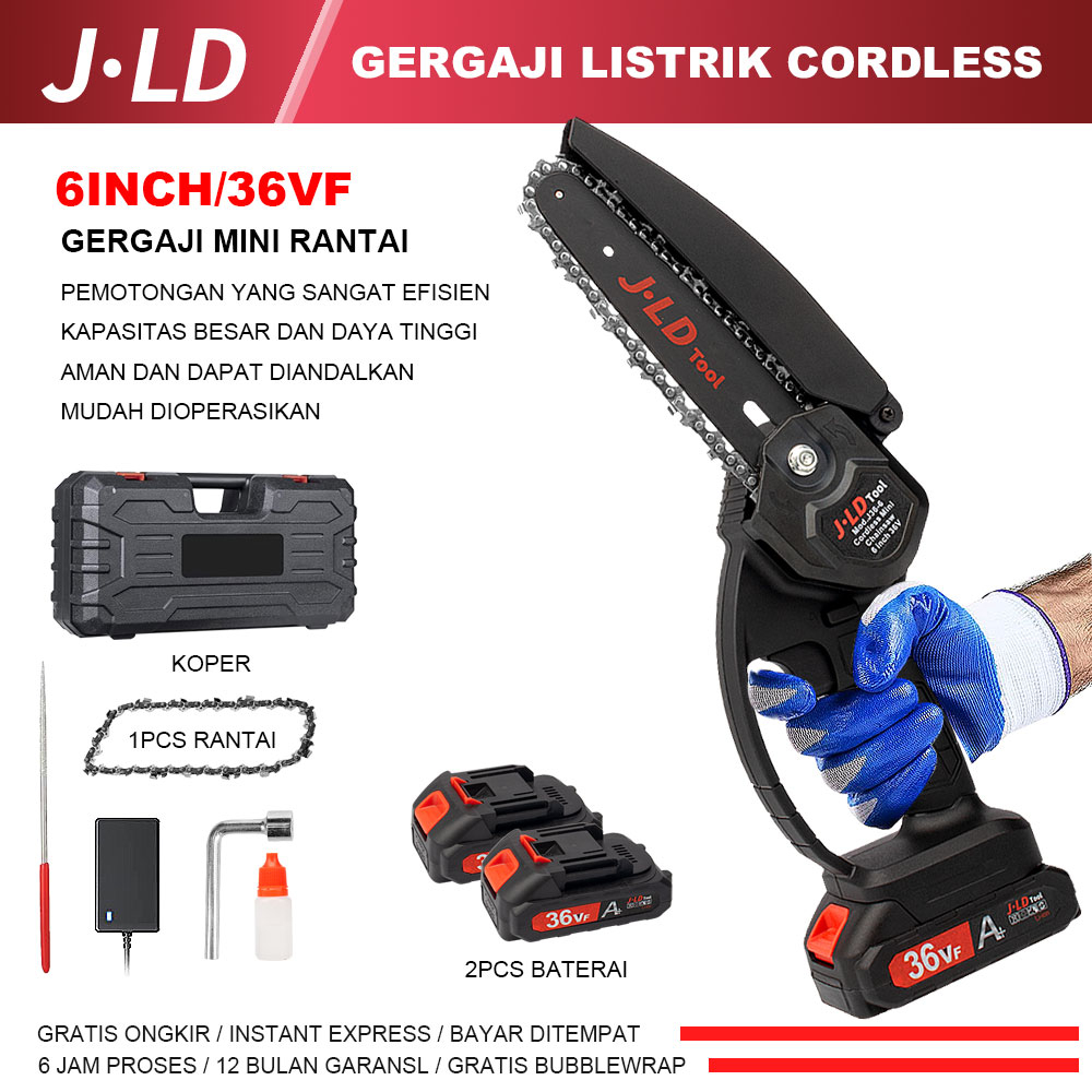 JLD 6inch Gergaji Listrik Kayu Rantai 36VF mini chainsaw Gergaji Baterai 2baterai Gergaji Tangan Portable listrik mini for cutting wood