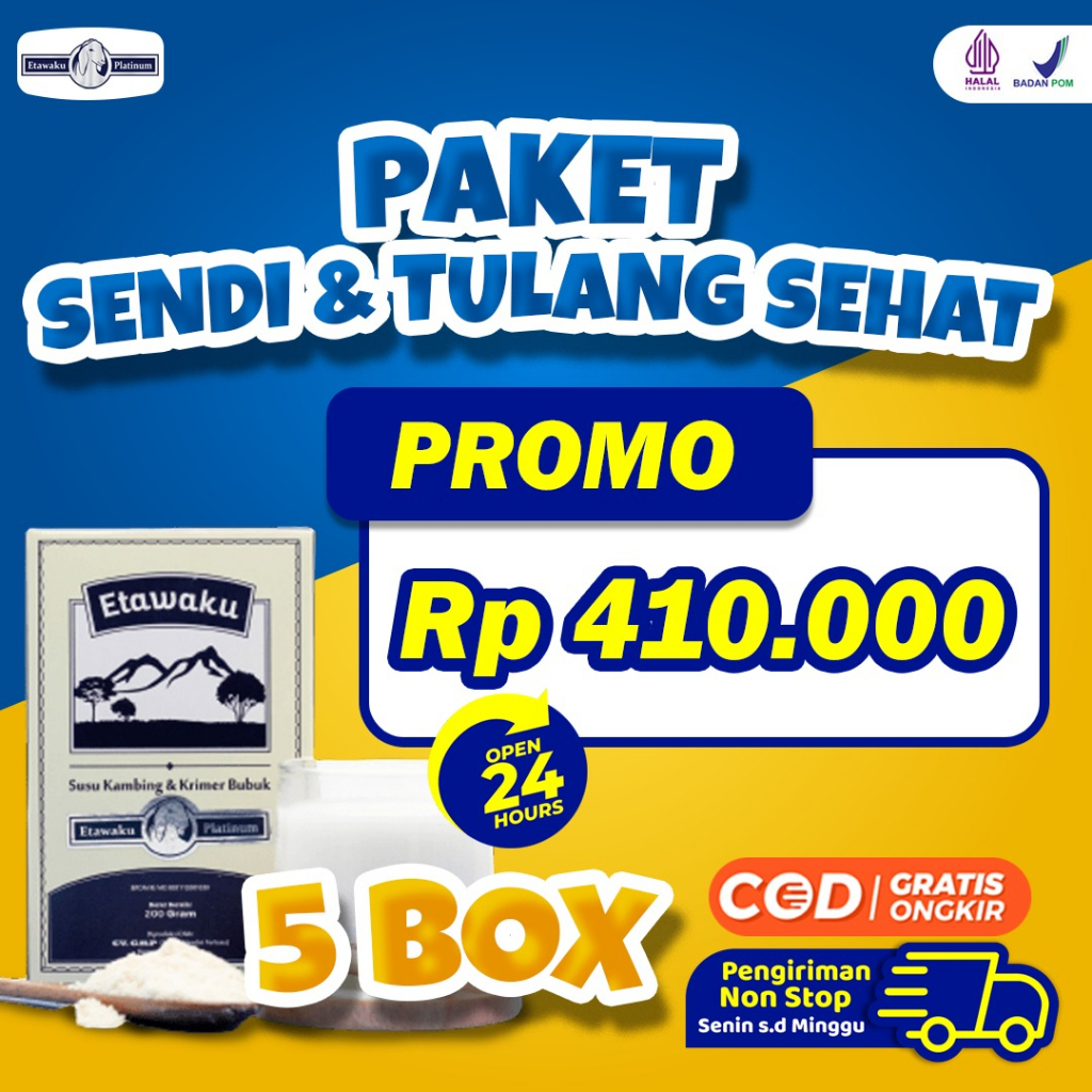 Paket Sendi &amp; Tulang Sehat 5 Box Etawaku Platinum - Susu Kambing Etawa Tinggi Kalsium &amp; Rendah Gula Bebas Alergi &amp; Tulang Kuat Lancarkan Sistem Pencernaan Tingkatkan Kekebalan Imunitas Tubuh Bantu Atasi Masalah Pernafasan Asma Batuk-Batuk Sesak Nafas