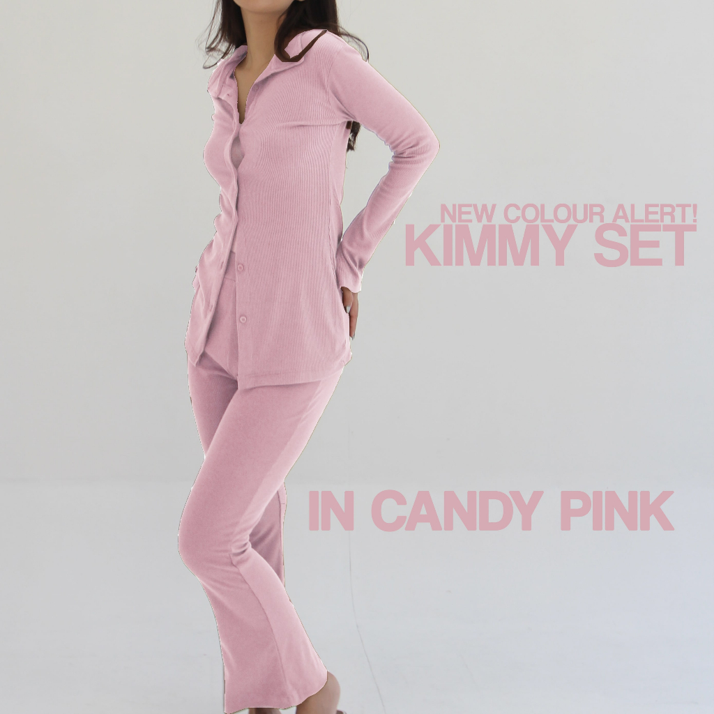 KIMMY SET | Setelan Wanita Long Sleeves Oneset Knit Rib Premium Shirt Pants Baju Set Celana Highwaist Soma