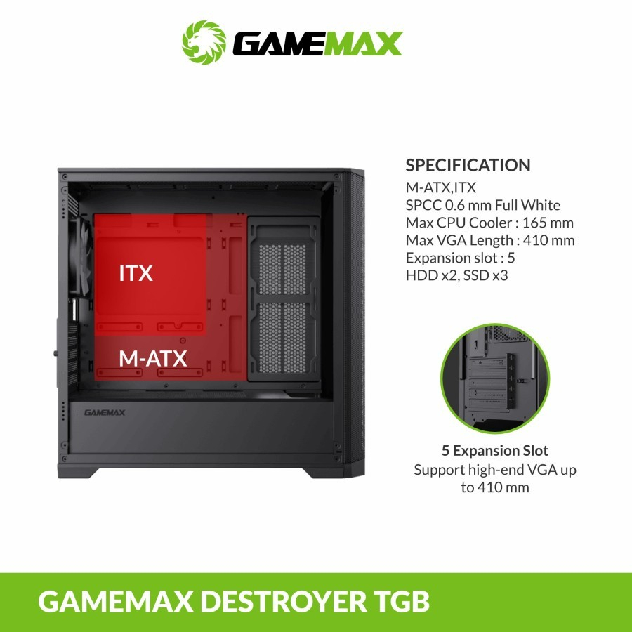 Casing Komputer Gamemax Destroyer Black Free 4Fan RGB Tempered Glass M-ATX