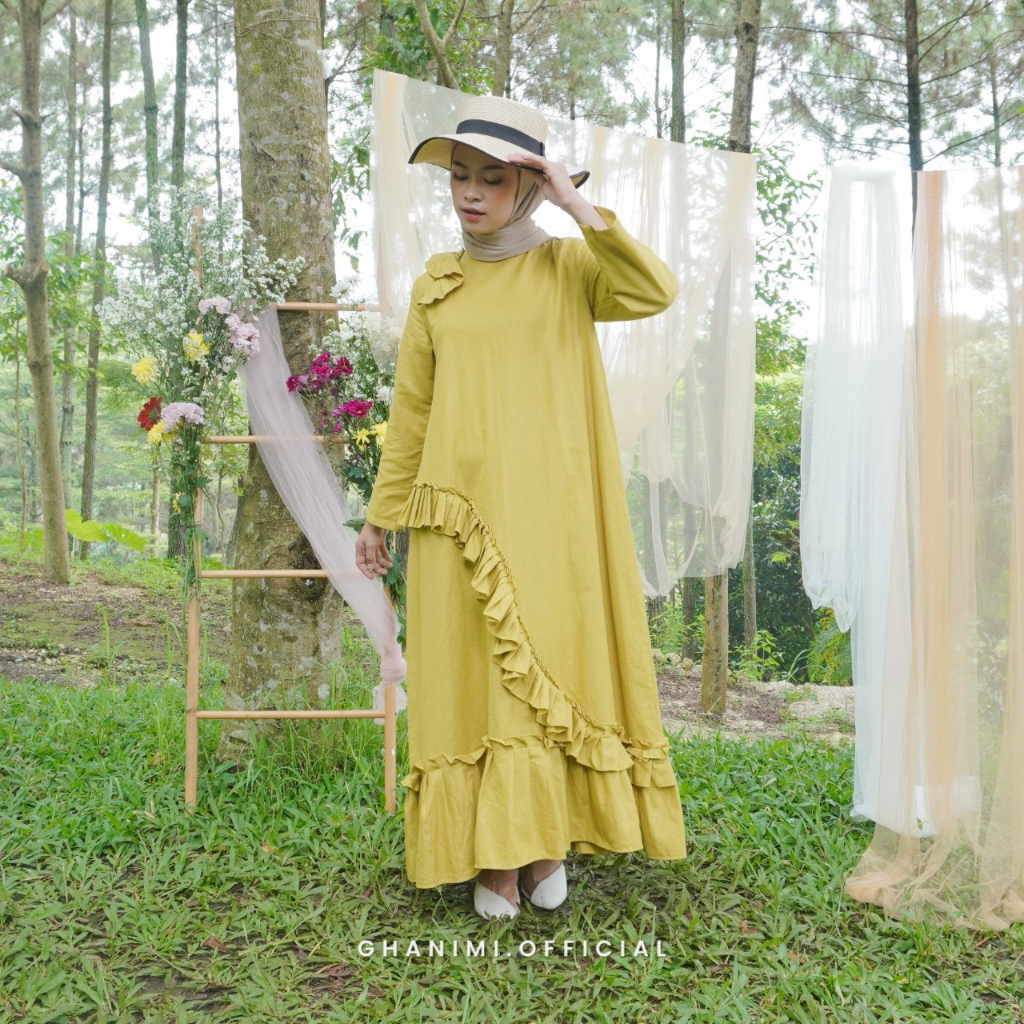 Ghanimi - Inaya Dress / Gamis Linen Ruffle Polos / gamis panjang / gamis terbaru / dress kondangan / gamis kondangan / gamis katun