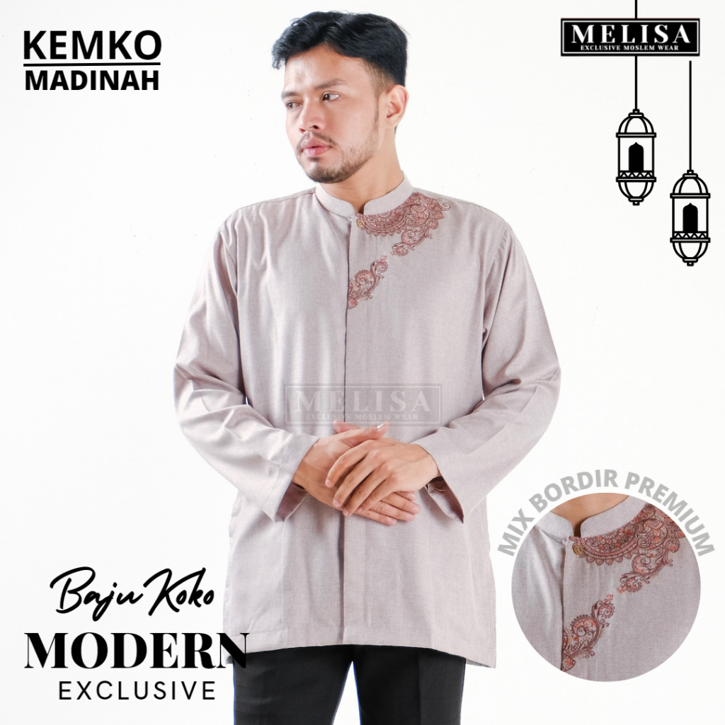 Baju Koko Pria Dewasa Katun Madinah Bordir Lengan Panjang Baju Muslim Remaja Laki Laki Ukuran M L XL - Coklat Susu