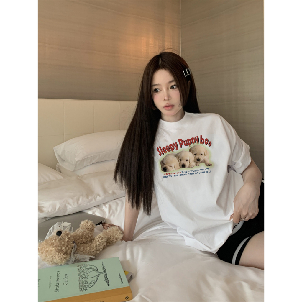 EUNII T-shirt Lengan Pendek Sleepy Puppy Boo Korean Style/Kaos Atasan Wanita/Baju Kaus Oversize Wanita/Kaos Wanita