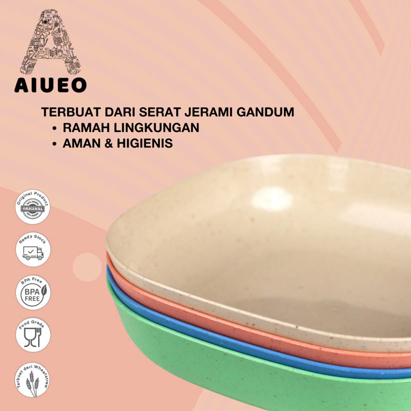 AIUEO Set 4 Pcs 14cm Piring Makan Saji Kotak Persegi Tinggi Sup Soup Sayur Kuah Wheat Straw Jerami Gandum Aesthetic Estetik Plastik | Piring Fremir | Piring Milamin