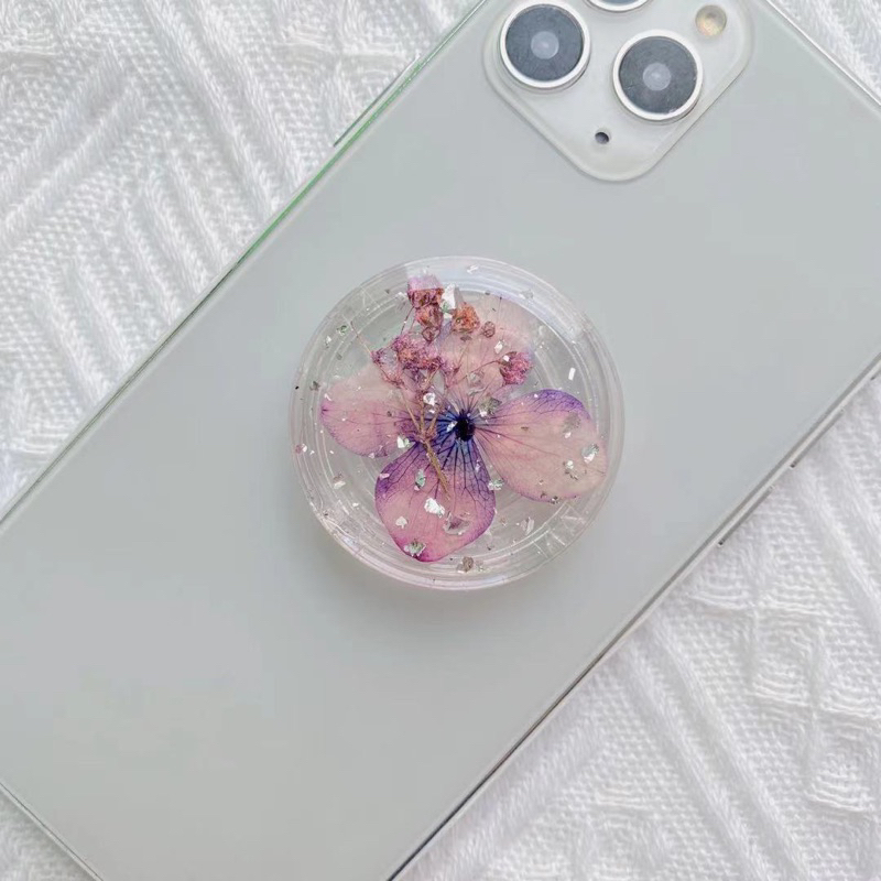 Popsocket Grip Tok Transparan Glitter Dried Flower Hologram Case (REAL FLOWERS INSIDE) Phone Holder BUNGA ASLI