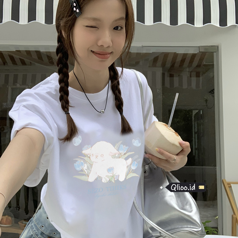 Print T-shirt Kaos Lengan Pendek Cartoon Sheep Oversize Atasan Wanita Korean Style
