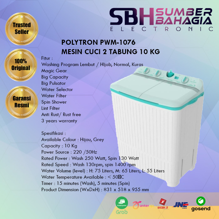 POLYTRON PWM-1076 MESIN CUCI 2 TABUNG 10 KG (NEW) (KHUSUS BANDUNG)