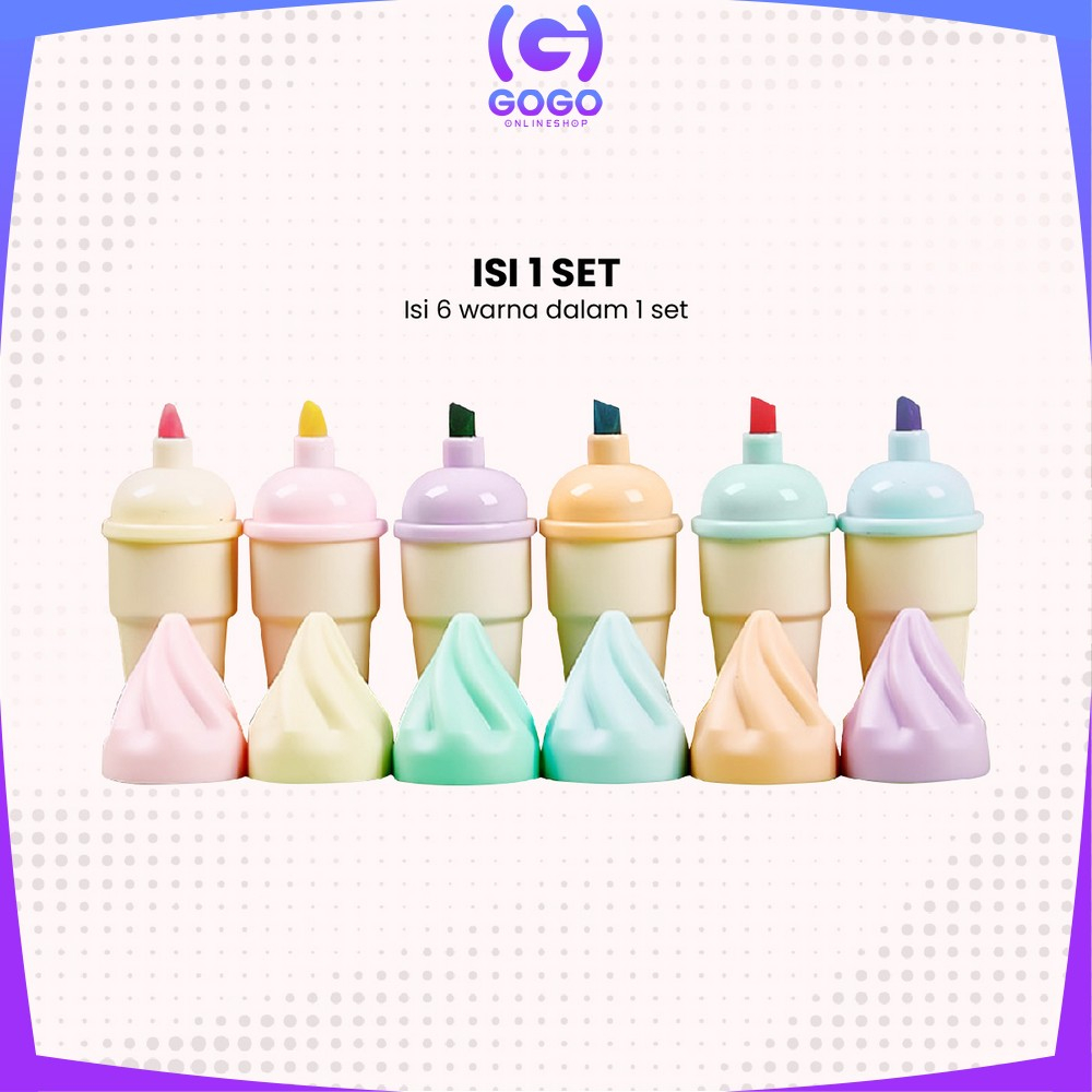 GOGO-A57 Highlighter Pen Es Krim Cone Monas 6 in 1 Free Pouch Penanda Berwarna / Spidol Highlighter Model Ice Cream Cone Unik Alat Tulis kantor Stationery