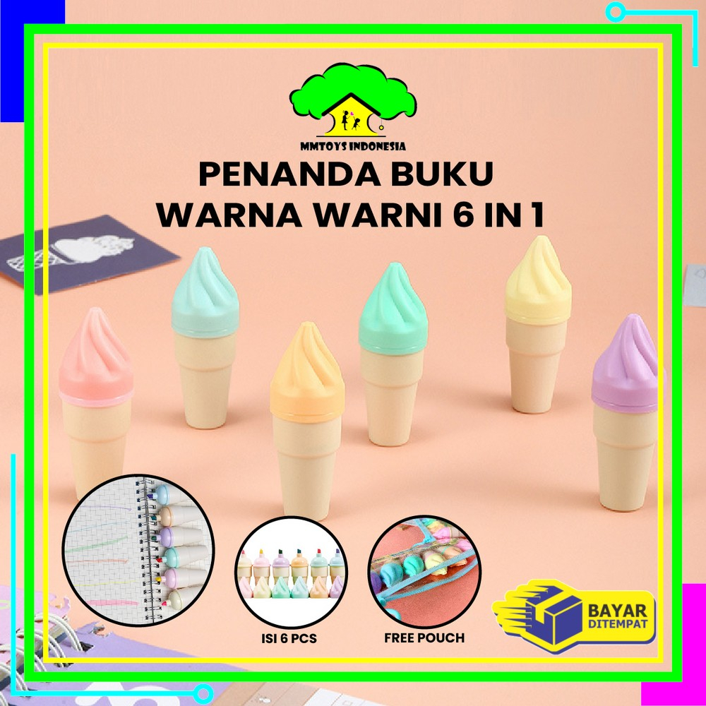 

MI-A57 Highlighter Pen Es Krim Cone Monas 6 in 1 Free Pouch Penanda Berwarna / Spidol Highlighter Model Ice Cream Cone Unik Alat Tulis kantor Stationery