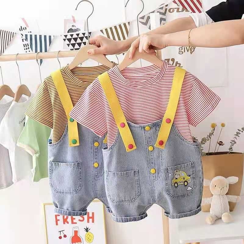 setelan anak laki laki dan perempuan Import set  Overall atasan kaos Celana kodok Jeans