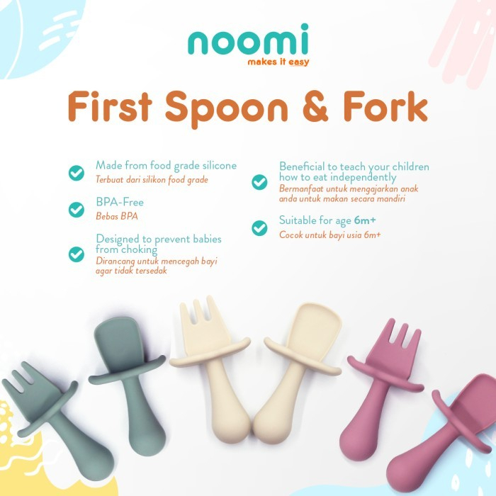 Noomi - First Spoon &amp; Fork Silicone (Sendok dan Garpu Anti Sedak)