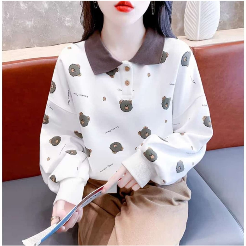 Lovely Bear Collar Fullprint Sweater Wanita Korean | Sweater Wanita Oversize Kerah Bahan Fleece tebal