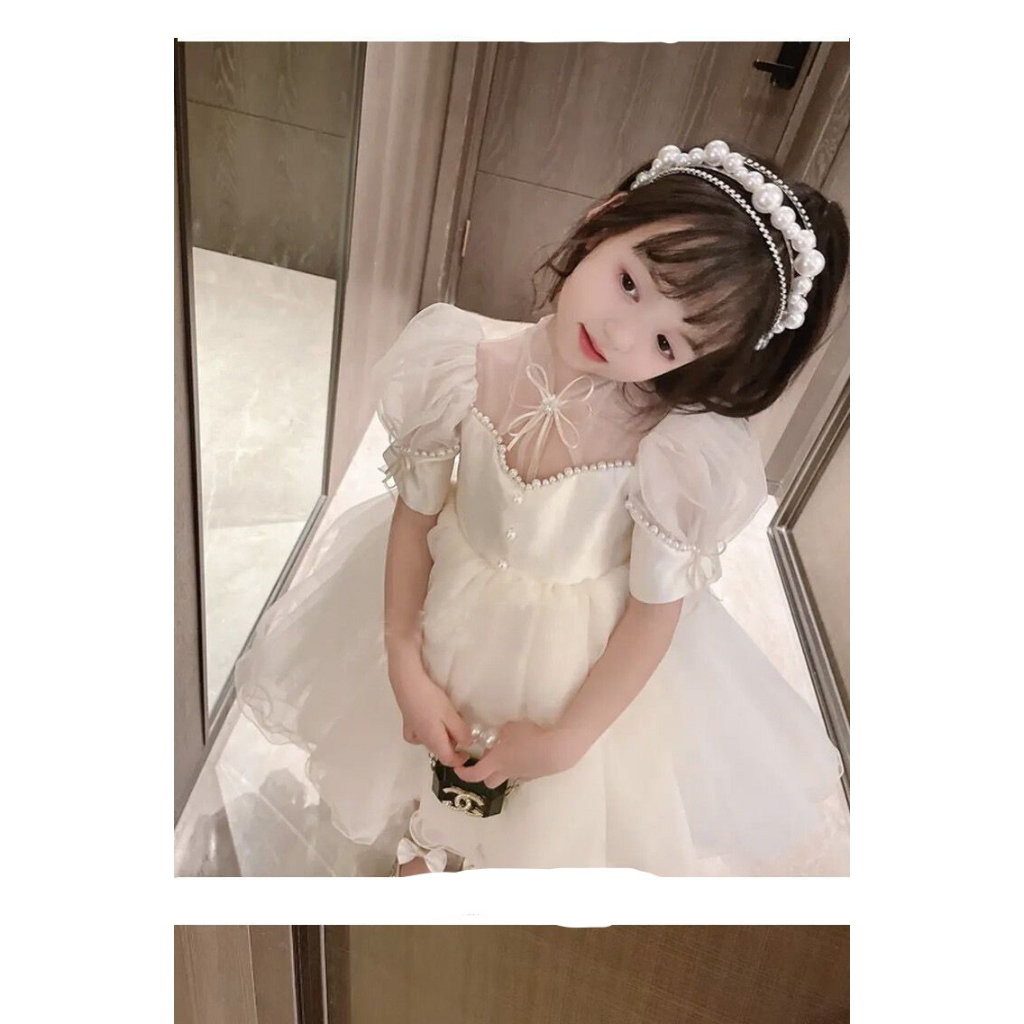 Dress Anak Perempuan Fashion Import Cream Lace Transparant Pita Mutiara