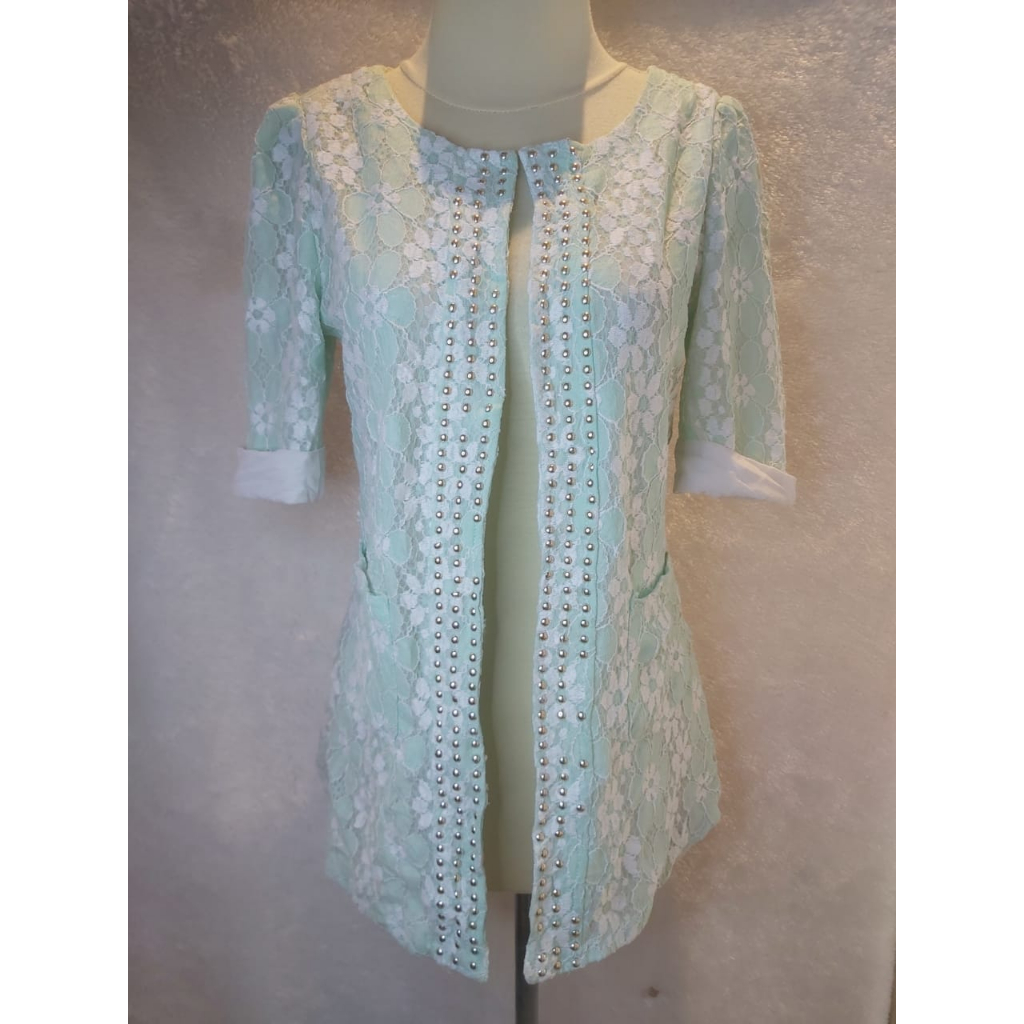 CARDIGAN/ OUTER WANITA PRELOVED BRUKAT WARNA HIJAU MIX PUTIH MURAH