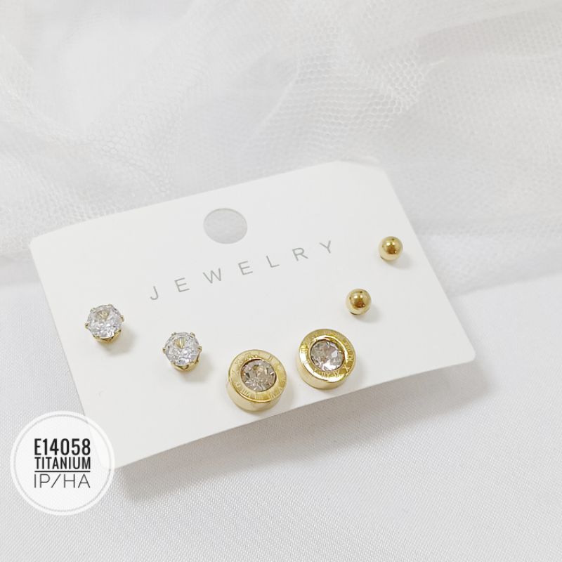 Anting titanium set romawi permata gold E14058