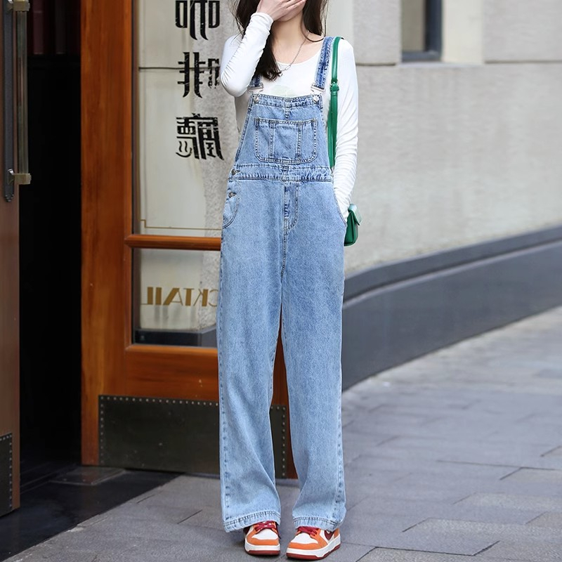 【cewek_id】overall jeans Impor jumpsuit jeans wanita Celana Lebar Kaki Overall denim panjang Tali Ikat Celana dewasa kekinian