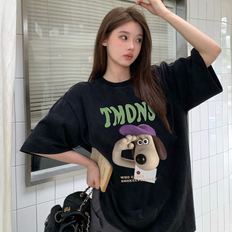 Print Washed T-shirt Kaos Lengan Pendek Oversize Cartoon Salute Dog Korean Style Atasan Wanita