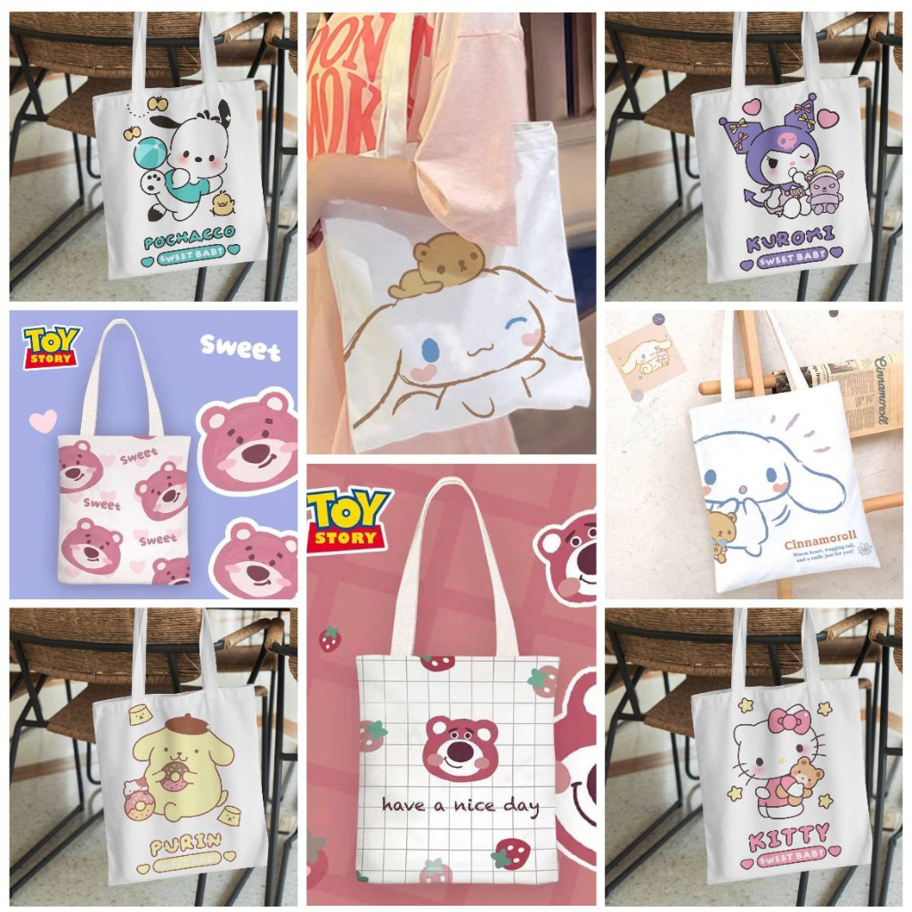TAS TOTE BAG LOTSO CINNAMOROLL KUROMI MELODY POMPOMPURIN HELLO KITTY POCHACCO DOG TOY STORY TAS BELANJA TAS KANVAS