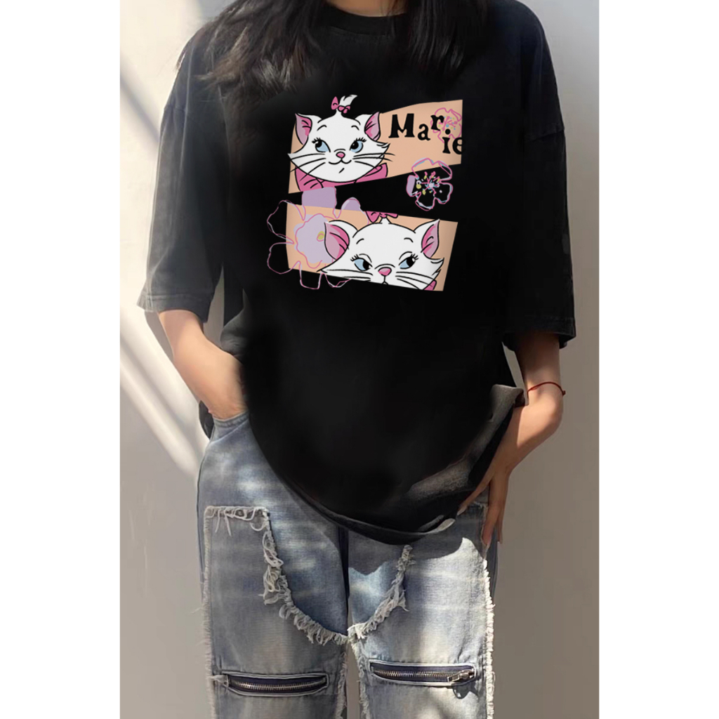 EUNII T-shirt Lengan Pendek Black Washed Cartoon Hello Kitty Printing Korean Style/Kaos Atasan Wanita/Baju Wanita/Kaos Wanita