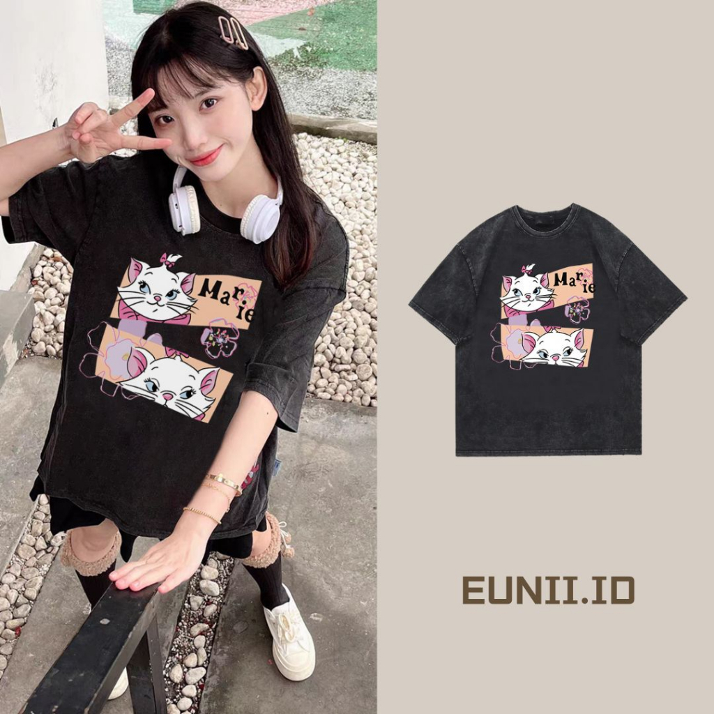 EUNII T-shirt Lengan Pendek Black Washed Cartoon Hello Kitty Printing Korean Style/Kaos Atasan Wanita/Baju Wanita/Kaos Wanita