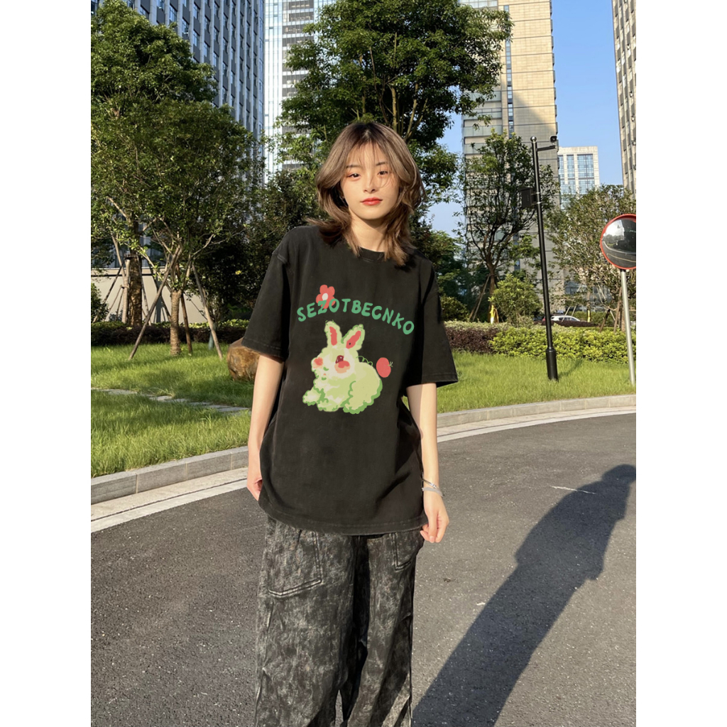 EUNII T-shirt Lengan Pendek Black Washed Cute Rabbit Printing Korean Style/Kaos Atasan Wanita/Baju Wanita/Kaos Wanita