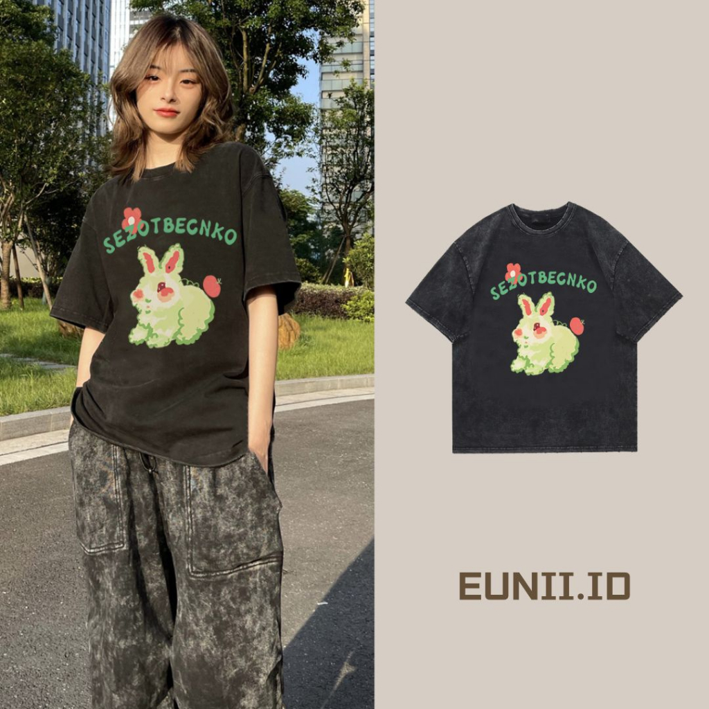 EUNII T-shirt Lengan Pendek Black Washed Cute Rabbit Printing Korean Style/Kaos Atasan Wanita/Baju Wanita/Kaos Wanita