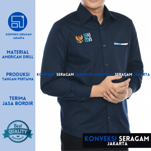 Seragam Kerja BUMN Kemeja Kerja BUMN Lengan Panjang Warna Navy Bahan American Drill Custom Bordir Satuan