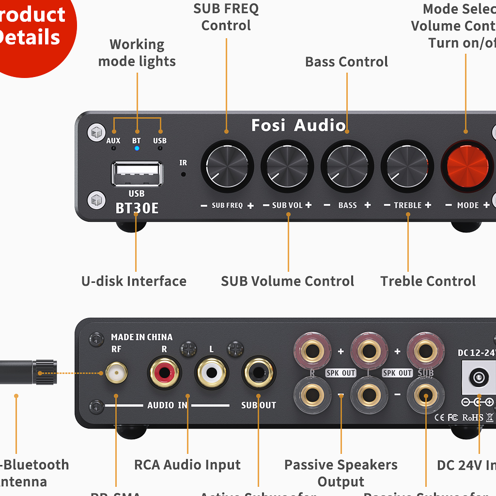 Fosi Audio Amplifier Bluetooth 5.0 USB RCA HiFi 2.1 Channel 165x2+350W - BT30E - Black