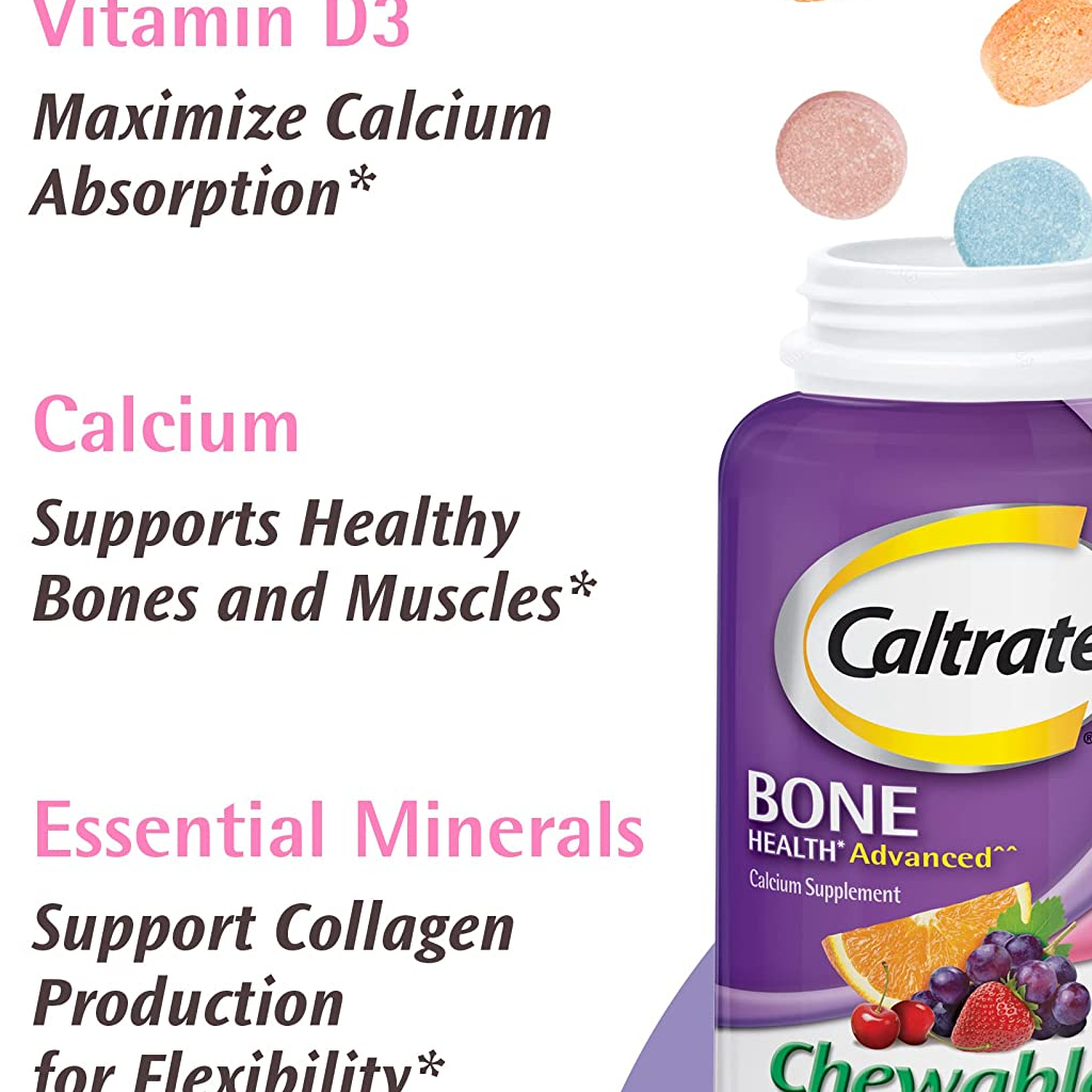 Caltrate 600 Vitamin D3 Kalsium Plus Minerals Calcium Supplement, tablet kunyah Cherry, Orange And Fruit Punch - 155 Count