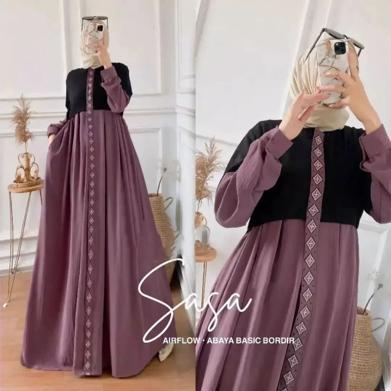 SASA DRESS MAXY CRINKLE AIFLOW ABAYA BASIC BORDIR BUSUI/GAMIS WANITA TERBARU/FASHION MUSLIM WANITA 2024/FAR MOSLEMSTORE