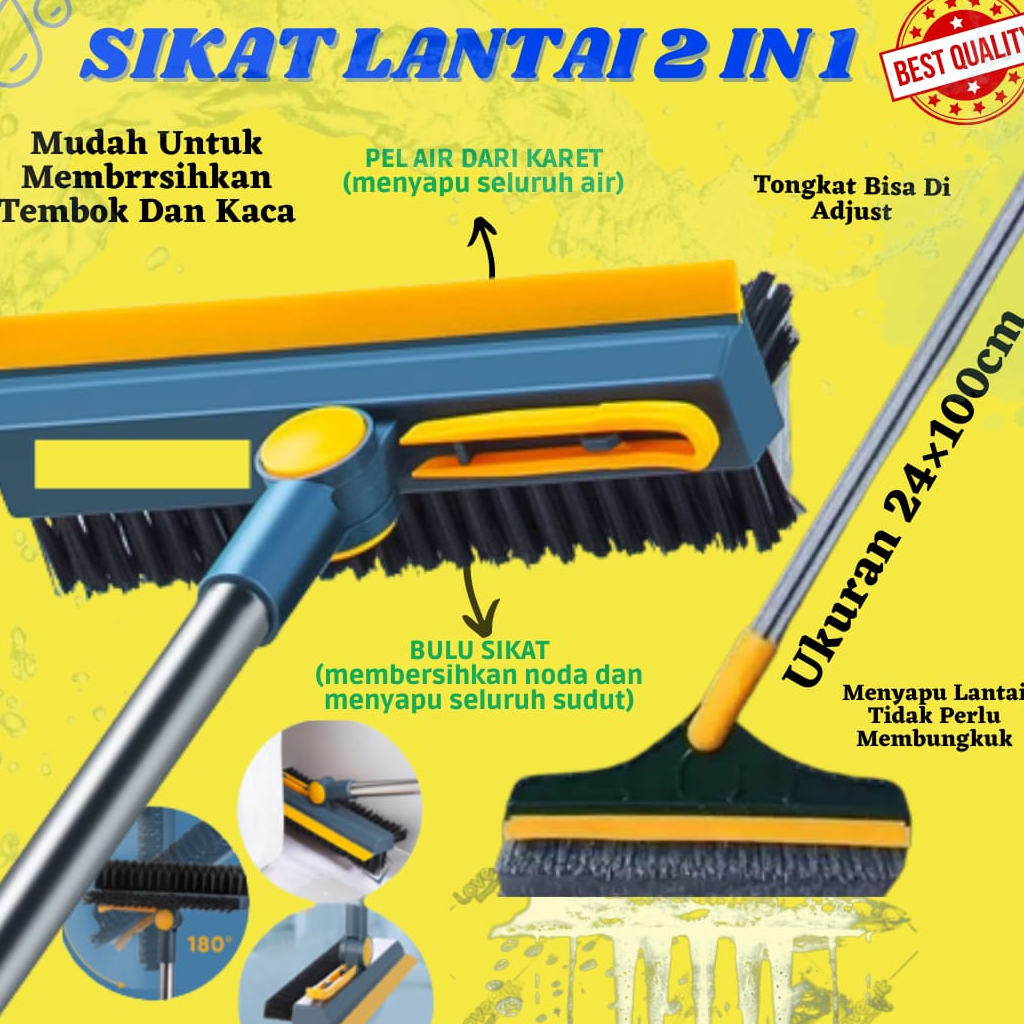 Sikat Dorong Lantai Kamar Mandi Toilet 2in1 Sikat Pembersih WC Praktis Multifungsi Serokan Air Gagang Panjang