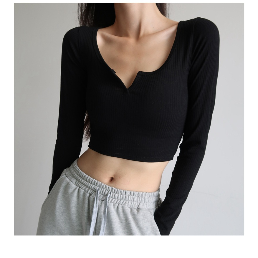 TJM BJ383 Crop Top Long Sleeve Kaos Crop Top Lengan Panjang Scoop Neck Rib-knit