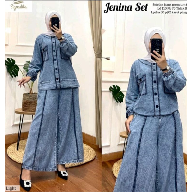 Jenina one set jeans muslim - one set celana jeans wanita - Stelan wanita terbaru
