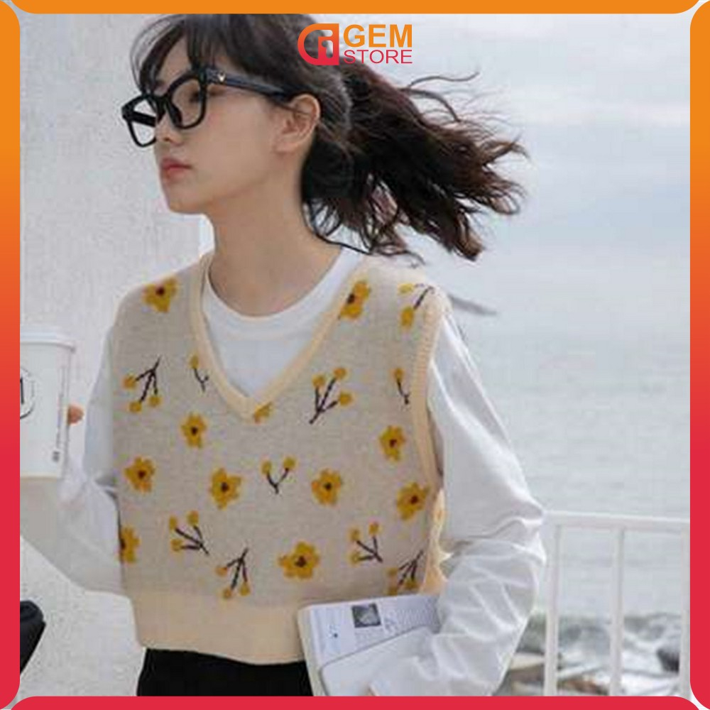 Rompi Vest Rajut Wanita Vneck Knit Sweater Rajut Tanpa Lengan Motif Bunga / Atasan Rajut Flower Vest