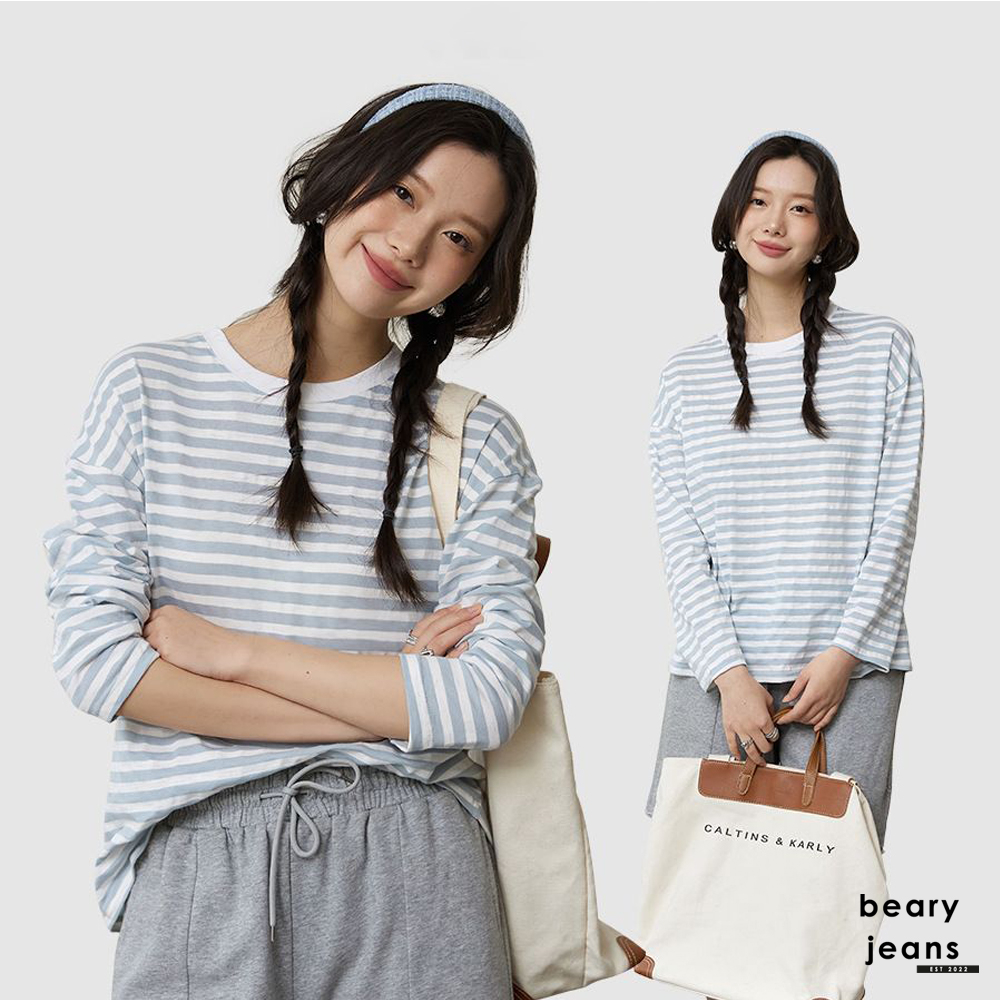 BEARYJEANS Korean Stripes Long Shirt Wanita Lengan Panjang Bergaris Vintage Premium Import - BJ081