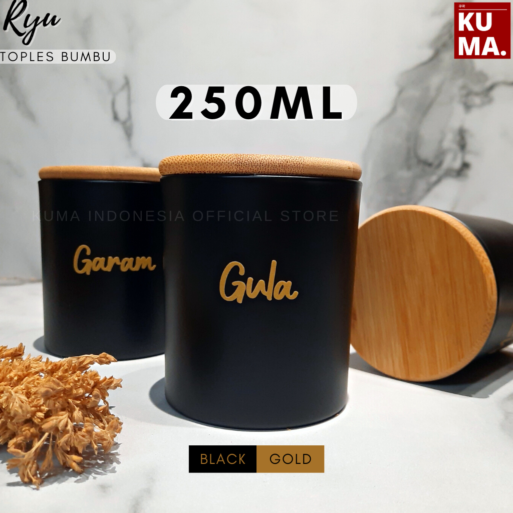 KUMA Ryuu Toples Bumbu Dapur Kaca 250ml Tutup Kayu Bambu Black Gold Aesthetic Bahan Keramik Kaca Bamboo