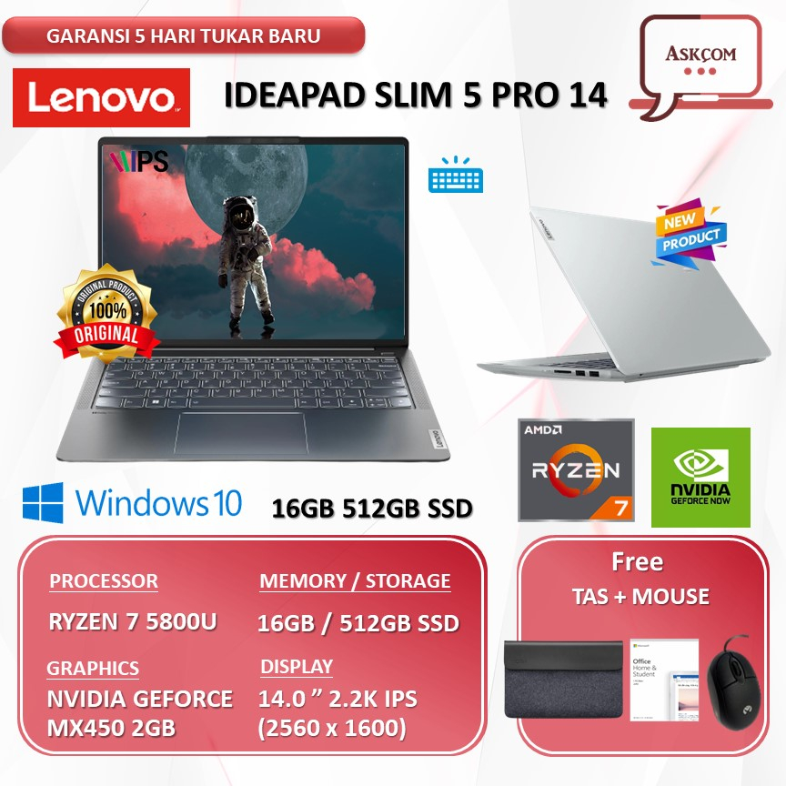 Laptop Lenovo Ideapad Slim 5 Pro 14 MX450 2GB RYZEN 7 5800U 16GB 512GB SSD W10 OHS2019 14.0 2.2K