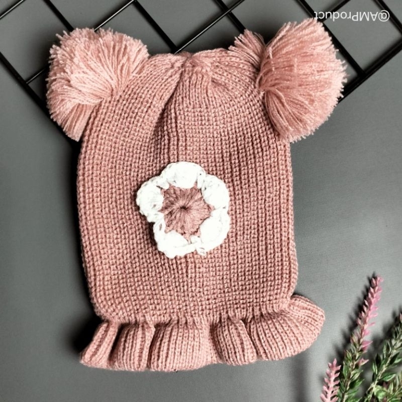 topi kupluk rajut bayi perempuan 3-36 bulan motif bunga