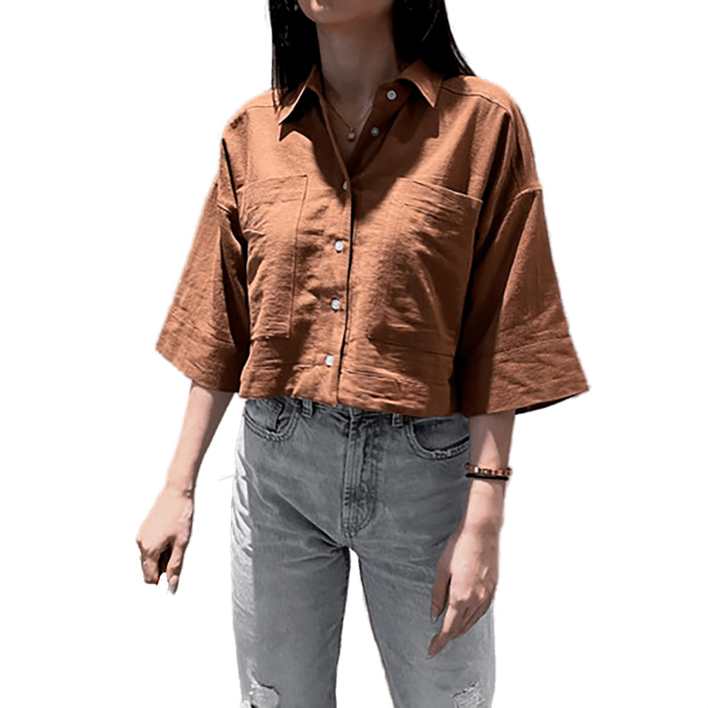 kemeja polos wanita Linen Pocket shirt Crop polos bahan twiscone size fit to L casual