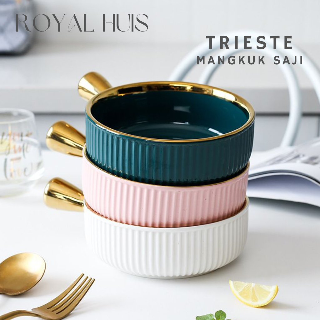 Mangkok Gagang Keramik Motif Garis Pumpkin Dengan Gagang Warna Emas / Panci Gagang Keramik / Piring 